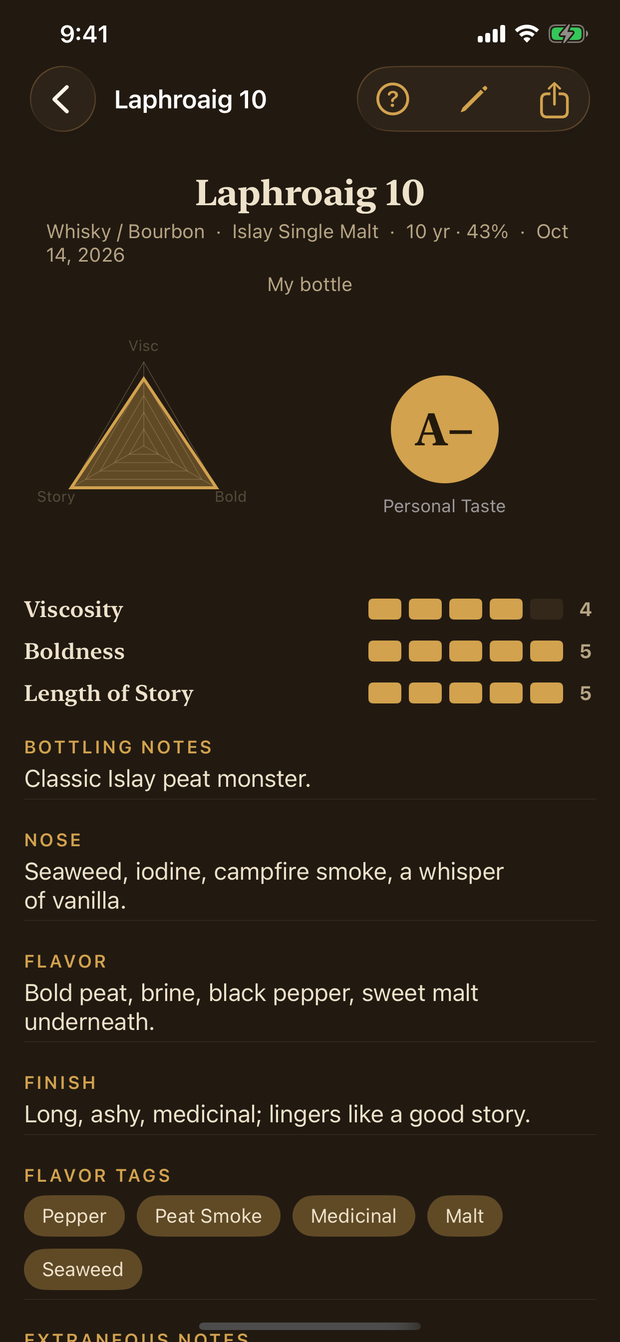A tasting detail: radar chart, A− grade, notes and flavor tags