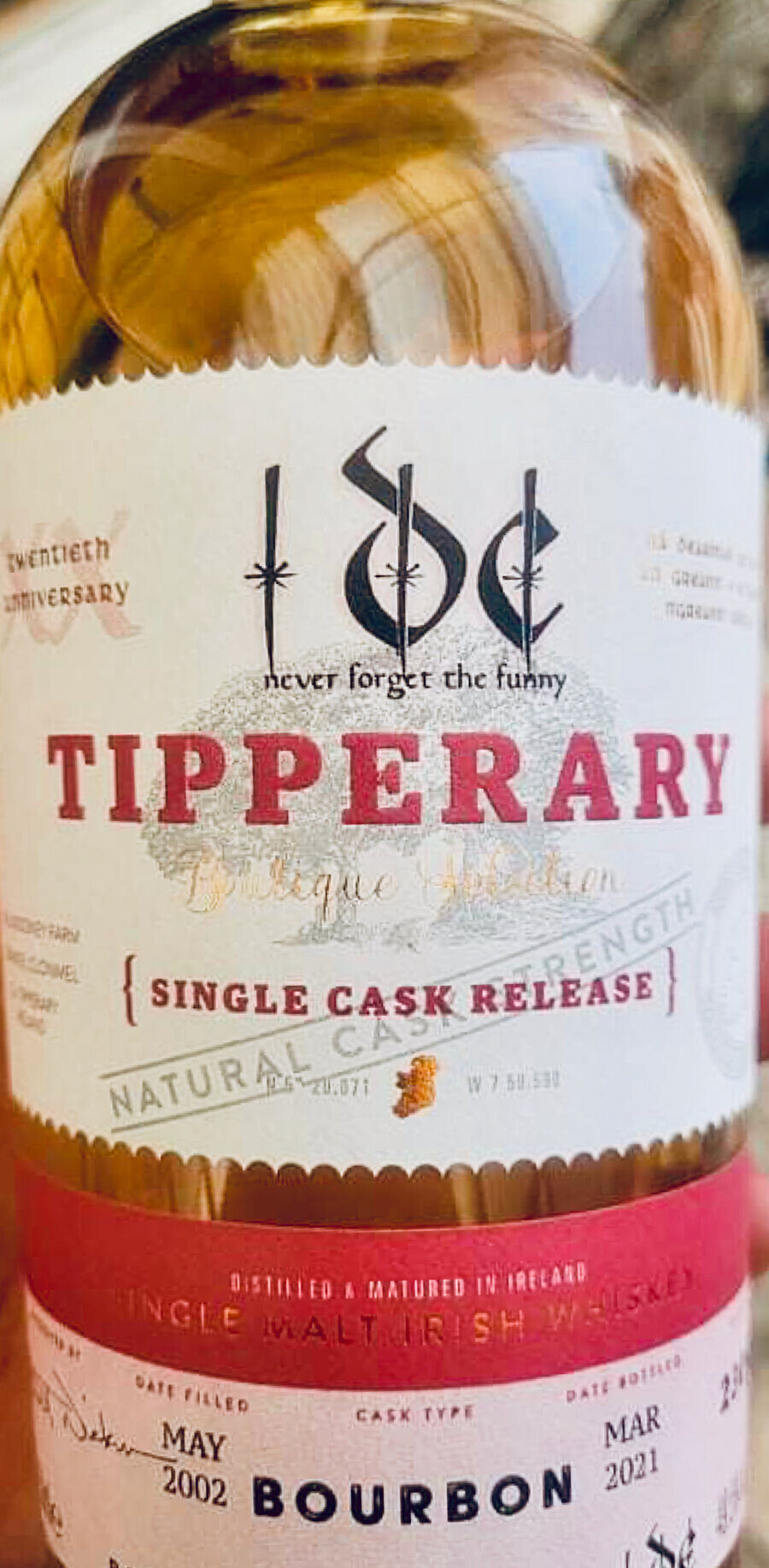 Close view of the 3DC Tipperary single cask label on the bottle